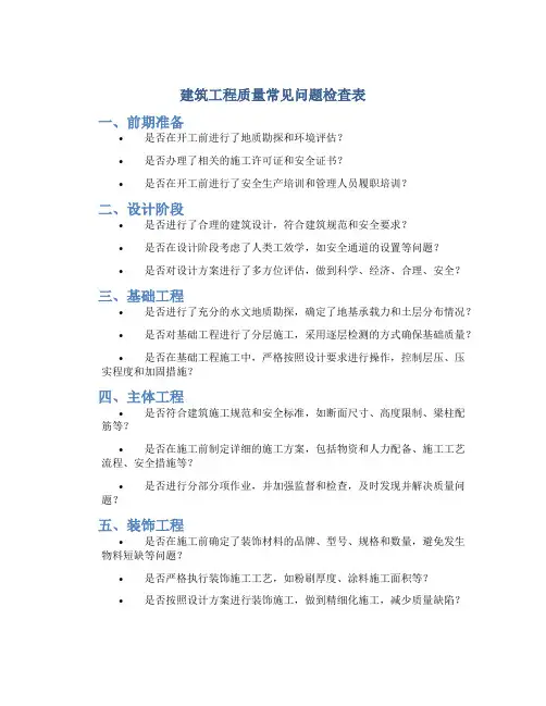 建筑工程质量常见问题检查表