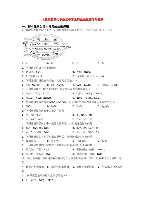 人教版初三化学生活中常见的盐强化练习附答案
