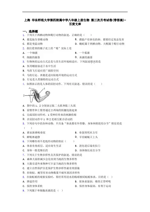 上海 华东师范大学第四附属中学八年级上册生物 第三次月考试卷(带答案)-百度文库