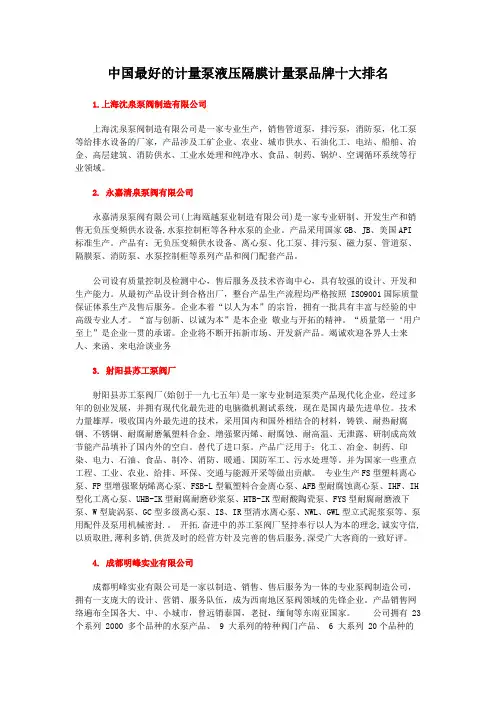 中国最好的计量泵液压隔膜计量泵品牌十大排名