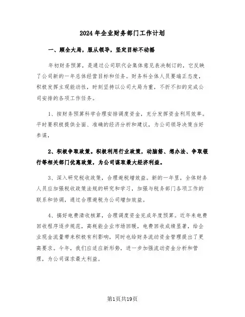 2024年企业财务部门工作计划(6篇)