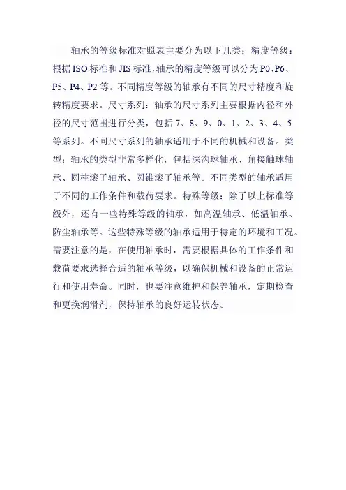 轴承等级标准对照表