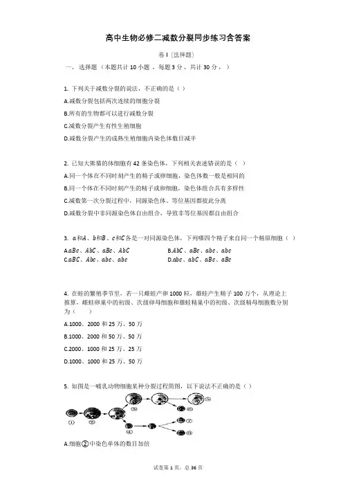 高中生物必修二减数分裂同步练习含答案