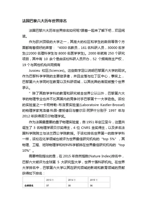 法国巴黎六大历年世界排名