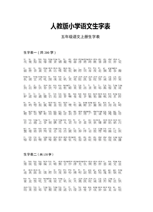 (人教版)五年级语文生字表