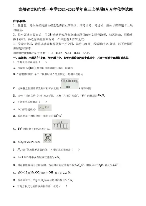 贵州省贵阳市第一中学2024-2025学年高三上学期9月月考化学试题(含答案)