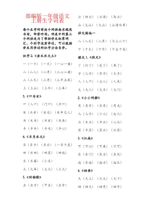 【强烈推荐】部编版一年级语文上册生字词表
