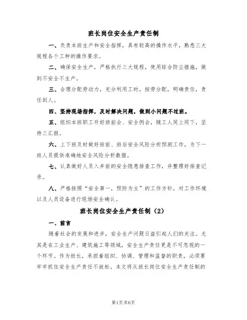 班长岗位安全生产责任制(5篇)