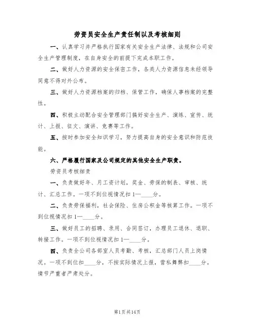 劳资员安全生产责任制以及考核细则（5篇）