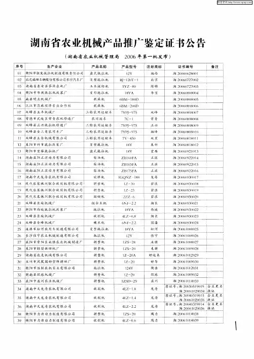 湖南省农业机械产品推广鉴定证书公告