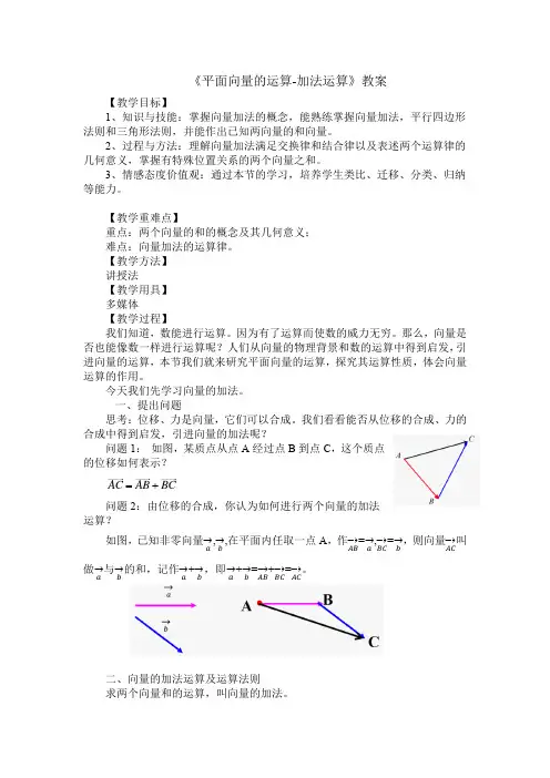 高中一年级下学期数学《平面向量的运算—向量的加法运算》教案
