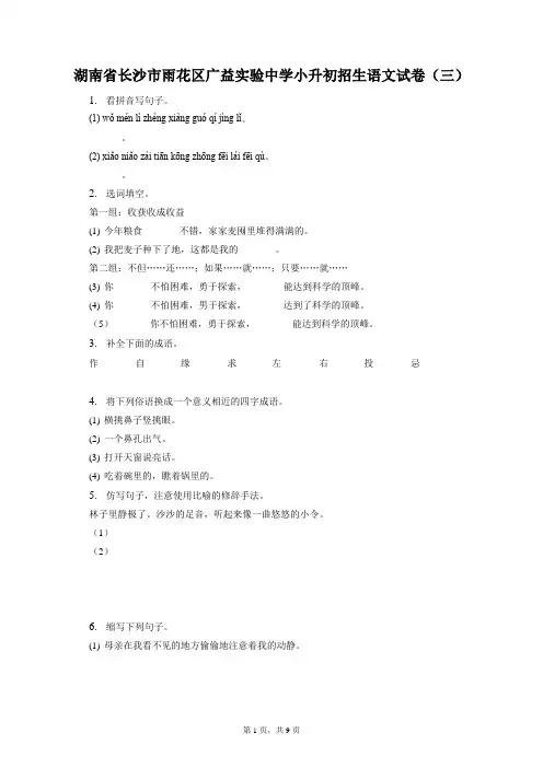 最新整理湖南省长沙市雨花区广益实验中学小升初招生语文试卷(三)和答案解析
