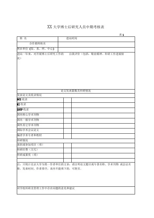 博士后研究人员中期考核表