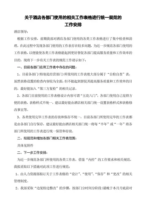 关于酒店各部门使用的相关工作表格进行统一规范的通知