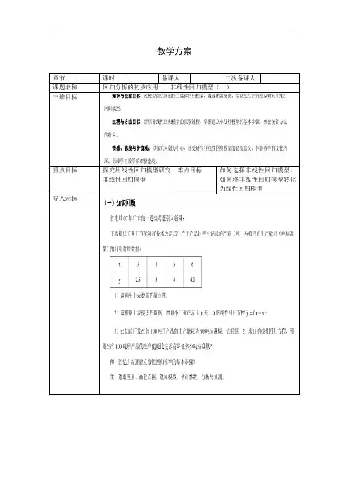 高中数学选修1-2教案：1.1回归分析的初步应用——非线性回归模型(一)