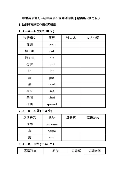 中考英语复习--初中英语不规则动词表(背诵版+默写版)