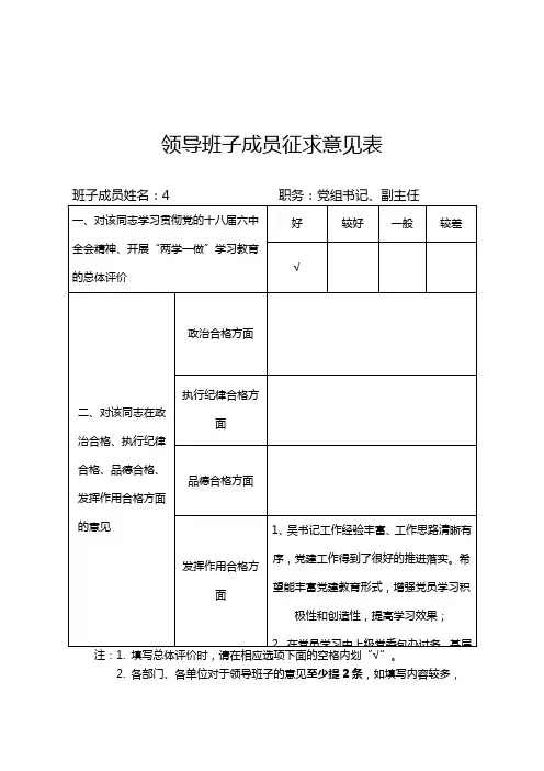 领导班子成员征求意见表