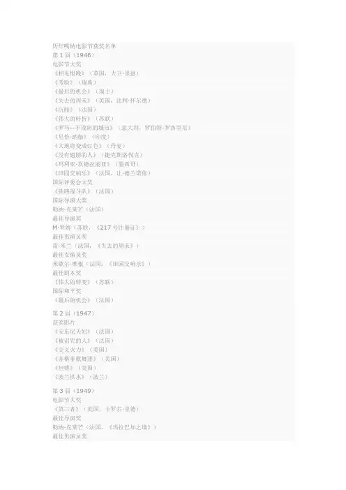 历年戛纳电影节获奖名单