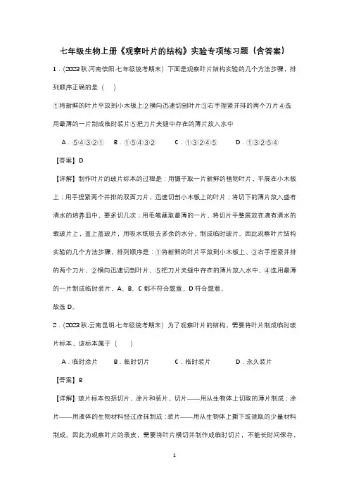 七年级生物上册《观察叶片的结构》实验专项练习题(含答案)