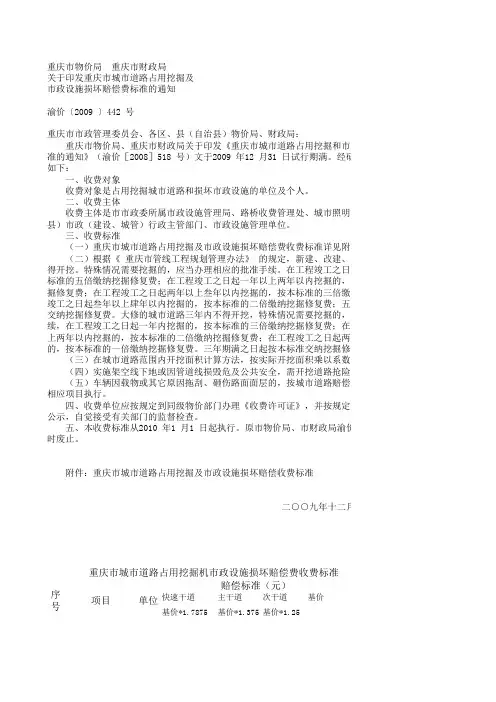 重庆市城市道路占用挖掘市政赔偿收费标准