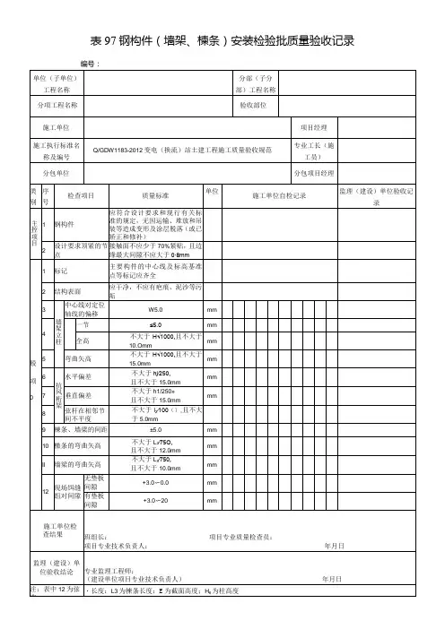 表97钢构件(墙架、檩条)安装检验批质量验收记录