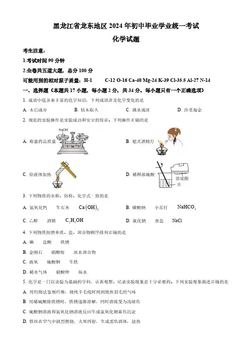 2024年黑龙江省龙东地区中考化学真题(含解析)