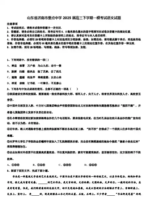 山东省济南市重点中学2025届高三下学期一模考试语文试题含解析