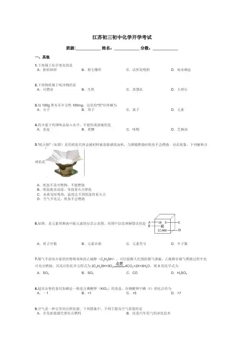 江苏初三初中化学开学考试带答案解析
