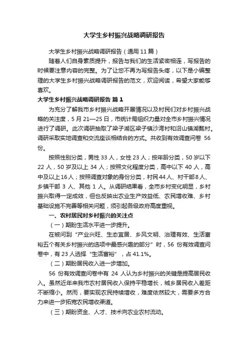 大学生乡村振兴战略调研报告（通用11篇）