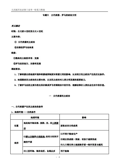 高中历史必修Ⅰ专题六 古代希腊、罗马的政治文明