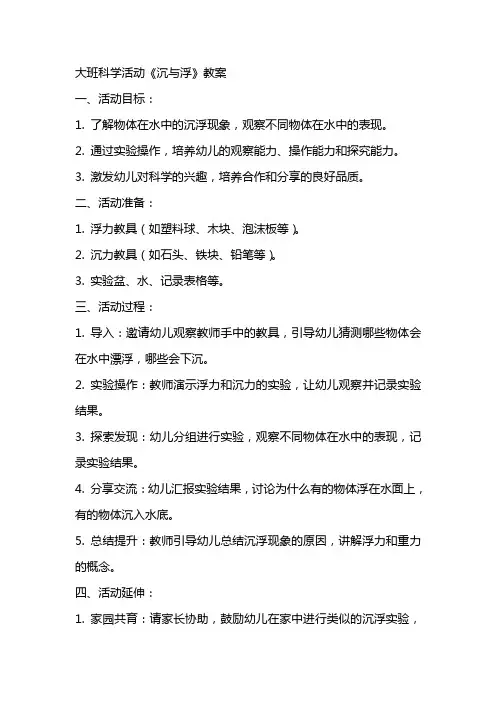 大班科学活动《沉与浮》教案