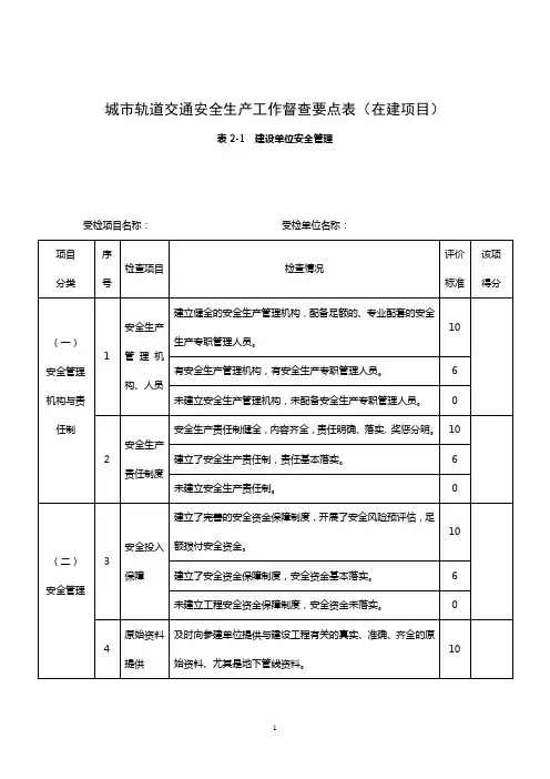 城市轨道交通安全生产工作督查要点表(在建项目)表2-1建设单位安全管理