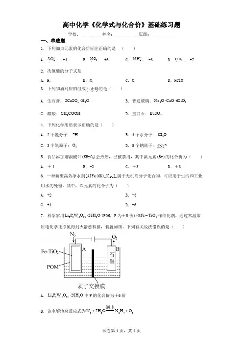 高中化学《化学式与化合价》基础练习题(含解析)