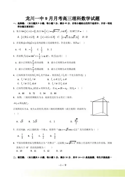 广东省河源市龙川一中高三第一次月考（理数）