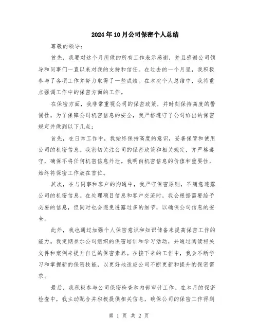 2024年10月公司保密个人总结