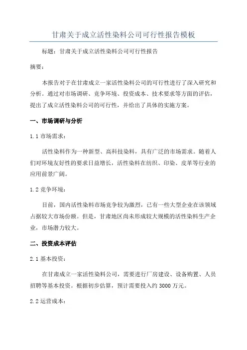 甘肃关于成立活性染料公司可行性报告模板