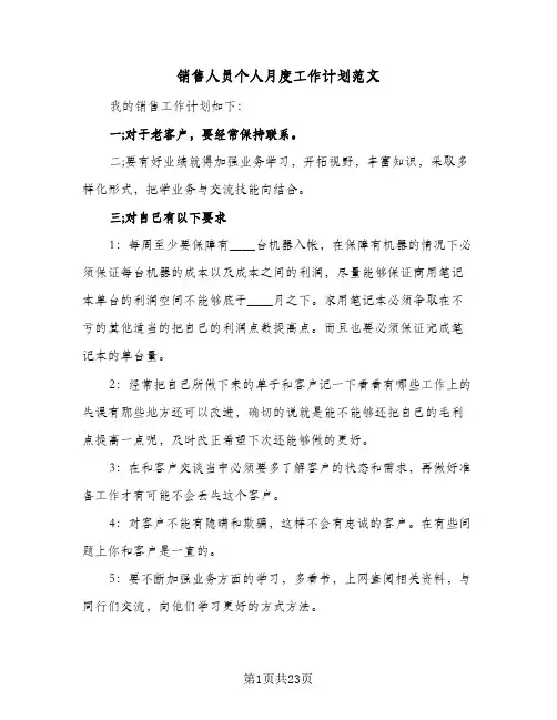 销售人员个人月度工作计划范文(8篇)