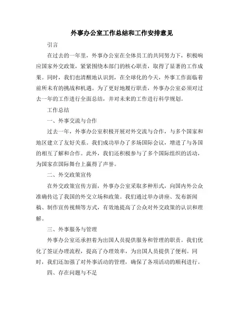 外事办公室工作总结和工作安排意见
