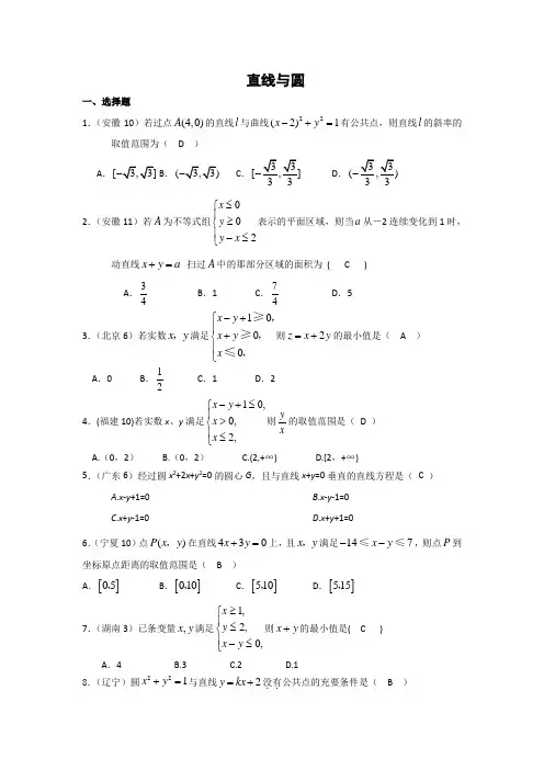 2008年高考试题分类汇编(数学文)—直线和圆(2)
