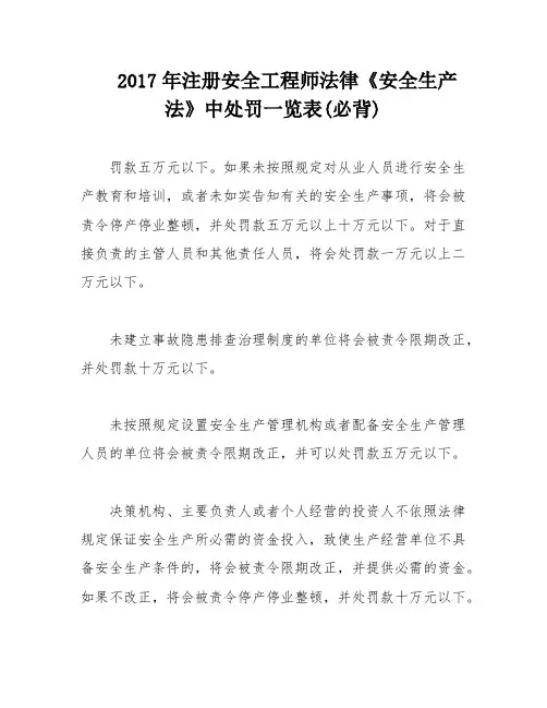 2017年注册安全工程师法律《安全生产法》中处罚一览表(必背)