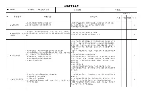 ISO9001内审检查记录表(审核对象：研发及工程部)