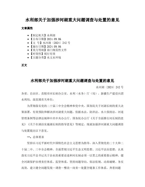 水利部关于加强涉河湖重大问题调查与处置的意见