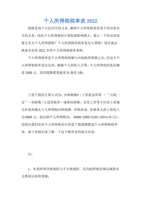 个人所得税税率表2022