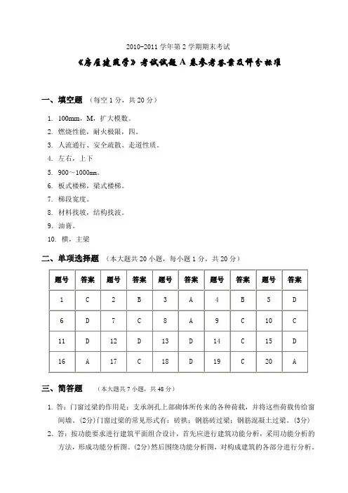 《房屋建筑学》考试试题A参考答案(2011年6月)