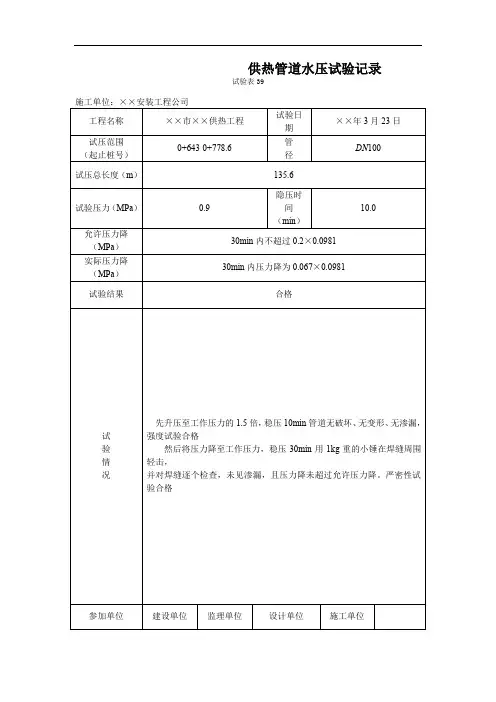 供热管道水压试验记录试验