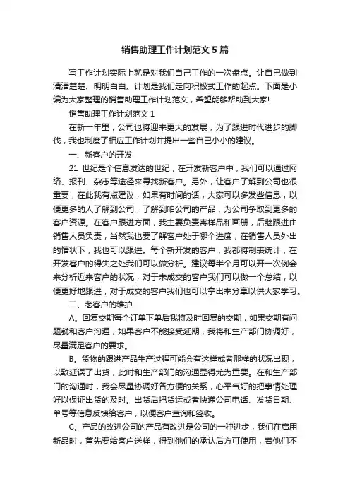 销售助理工作计划范文5篇