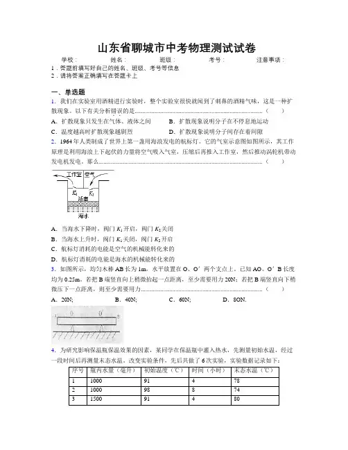 最新山东省聊城市中考物理测试试卷及解析