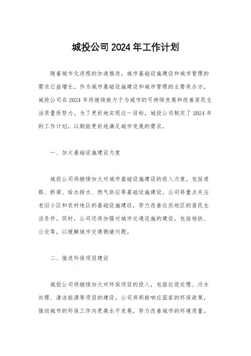城投公司2024年工作计划