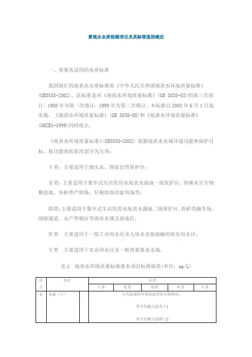 景观水水质检测项目及其标准值的确定