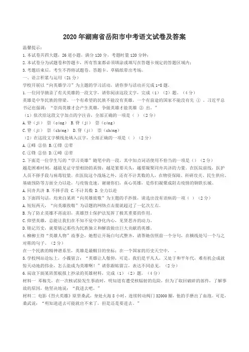 2020年湖南省岳阳市中考语文试卷及答案